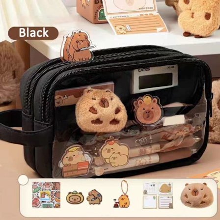 Blyantpose med bred åbning, Water Rat, stor klar taske med ruminddelere til skole- og makeup-essentia1s (sort)