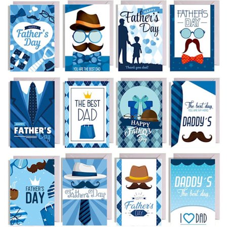 Grattis pappa-kort i bulk, 12-pack Fars dag-kort med kuvert och klistermärken för pappa - 12 olika