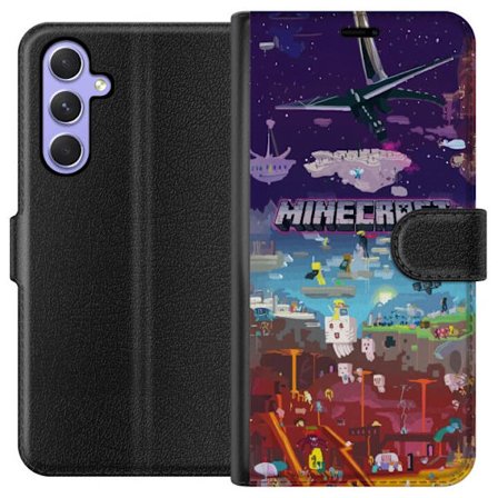 Kompatibelt Lommeboketui til Samsung Galaxy A54 Minecraft verden med eventyrkarakterer og ikoniske omgivelser, fargerike blokkmotiver
