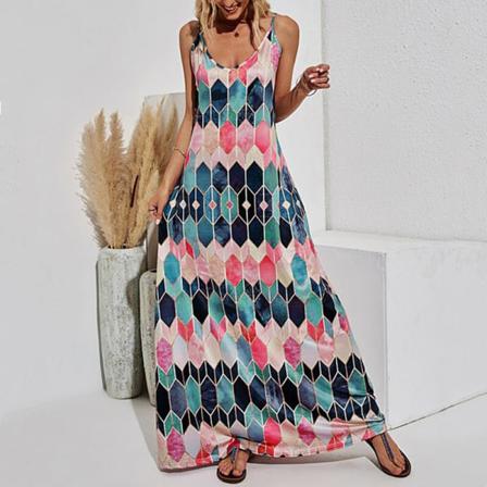 Dam V-hals Spaghetti Strap Diamond Print Sundress Maxiklänningar