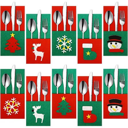 10 st julbestickpåsar i filt, bestickset, snögubbe, rei