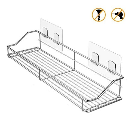 Badeværelseshylde, selvklæbende uden huller, dobbelt badeværelseshylde til køkken, badeværelse, vægophængt opbevaring i rustfrit stål (35*12*5,8 cm)