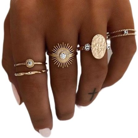 Boho perle knokeleddringer gull sol knokeledd stablebar ringsett vintage rhinestone geometrisk ring hale ring pekefinger smykker for