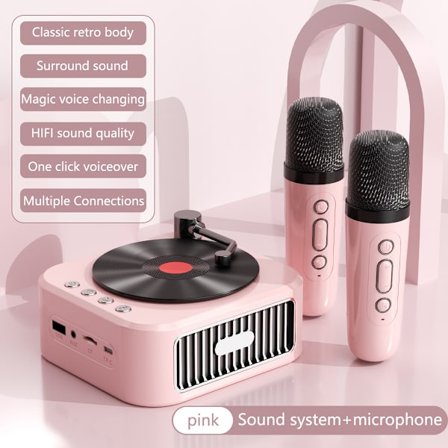 Ros + 2 Mikrofoner - Ny Design Portabel Mini CD-spelare Klassisk Retro Trådlös BT Stereo Högtalare Tung Bas FM USB-minne TF Handsfree
