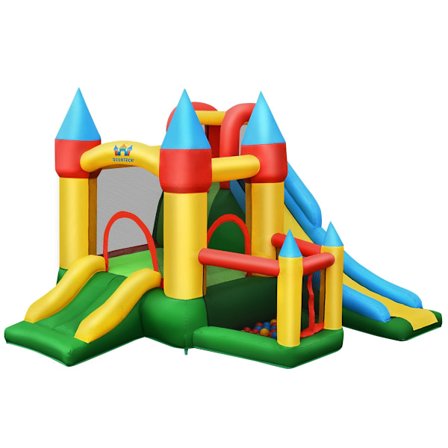 Oppusteligt hoppehus med 2 rutsjebaner og blæser, 330x300x210 cm