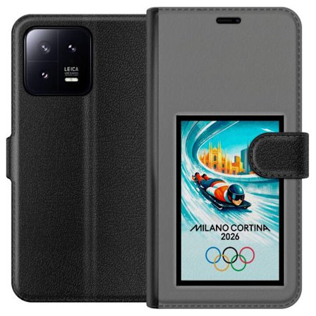 Yhteensopiva Lompakkokotelo Xiaomi 13 Dynaaminen kelkkailija tai skeleton-ajaja jääkanavalla Milanon Cortina 2026 kanssa, kaupunkinäkymä ja olympialai