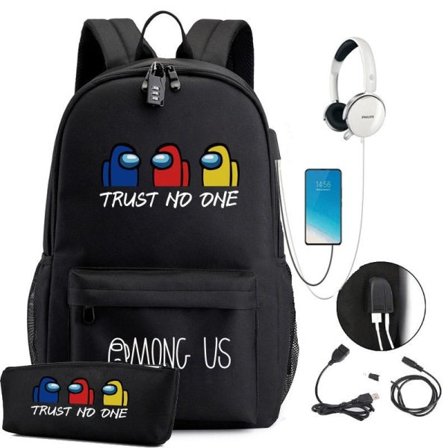 Among Us-ryggsäck för barn, ryggsäckar med USB-uttag, 1 st, svart, liten, 6