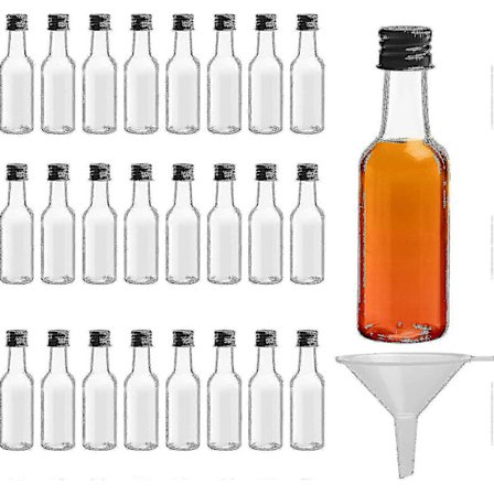 Miniatyrflaskor för sprit (24-pack) - Återanvändbara tomma 50 ml-flaskor i plast med svarta skruvkorkar och tratt