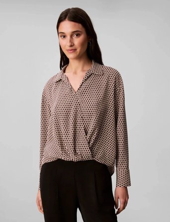 Calvin Klein Printed Crepe Ls Faux Wrap Top - Brown - L