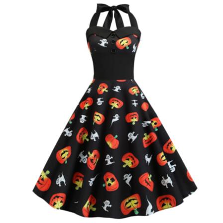 Halloween Halter Klänning För Kvinnor Pumpa Lång Klänning Black Xxl