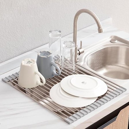 Rullautuva astiankuivausteline, SUS304 tiskialtaan yläpuolelle monikäyttöinen rullautuva astiankuivausteline, harmaa