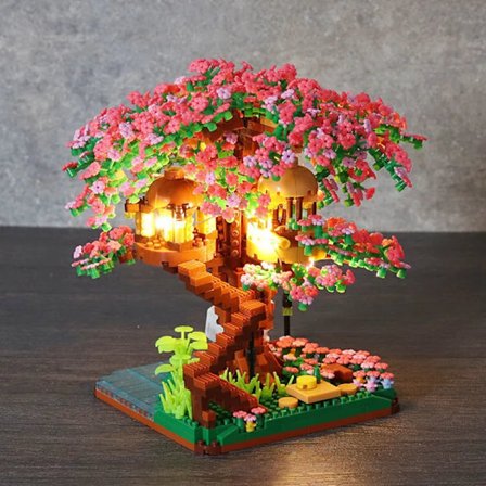 Kirsebær Bonsai Træ Byggeklodser Sæt DIY Sakura Blomster Planter Klodser med Lys Træhus Model Romantisk Gave til Kæreste