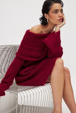 Léanne Ansar x NA-KD Robe courte en maille à épaules dénudées - Robes de Noël - Rouge - X-Large