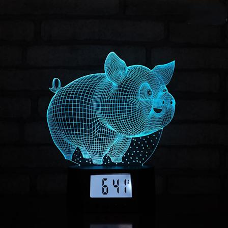 Nattlysgaver, 3D Lampe med Klokka, 16 Farger Skiftende, Berørings- og Fjernkontroll (Gris)