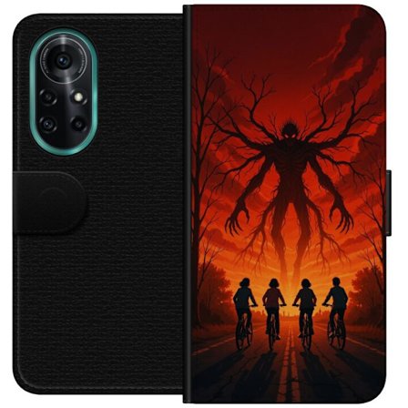 Kompatibelt Plånboksfodral till Huawei Huawei nova 8 Pro Mörk Stranger Things-inspirerad skräckillustration med röd himmel, monsterfigur och cykla