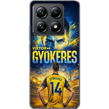 Kompatibel Mobilcover til Xiaomi Xiaomi 14T Pro Viktor Gyökeres fodboldplakat i gul og blå farve med dramatisk stadionbaggrund, sportsillustration f