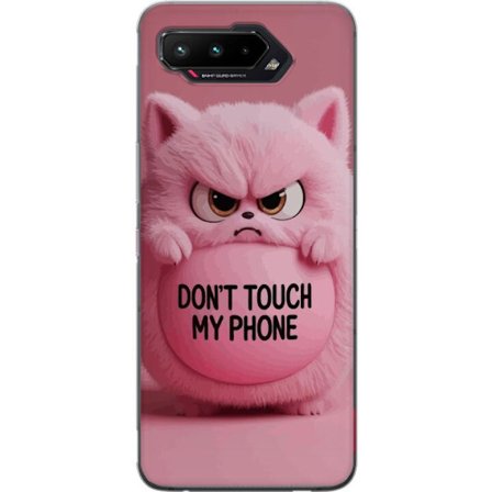 Kompatibelt Mobilskal till Asus Asus ROG Phone 5 Arg rosa fluffig katt med texten "Don't Touch My Phone", ett humoristiskt skyddsmotiv som passar alla