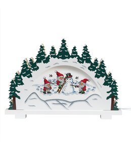 Broderi Tomtar bygger snögubbe