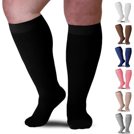 Kompresjonsstrømper - Plus Size - 20-30 mmHg - Unisex - Ekstra bredt vadknæ HI - Opak, lukket tå - Svart/7X-stor