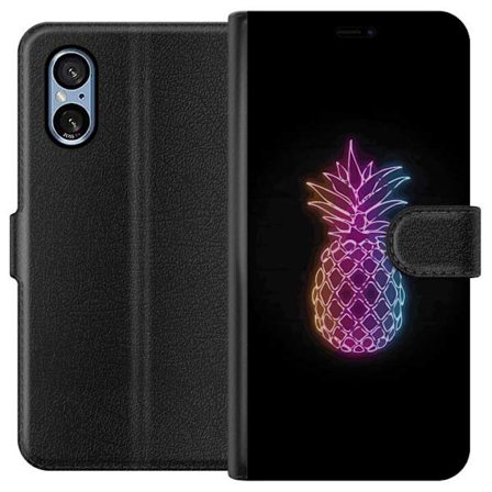 Kompatibelt Lommeboketui til Sony Sony Xperia 5 V Neonlysillustrasjon av ananas i fargerikt lys mot svart bakgrunn