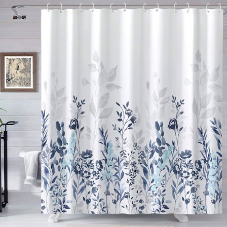 Blå och grå duschdraperi, akvarell blommig badrumsdraperi