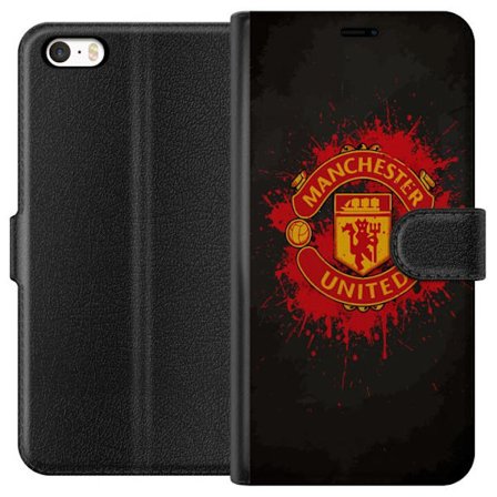 Kompatibelt Plånboksfodral till Apple Apple iPhone 5s Manchester United logotyp i röd och gul färg med rå sportig bakgrund