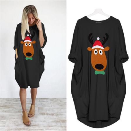 Kvinnor Kortärmad Casual Christmas Print Pocket T-shirt Dress
