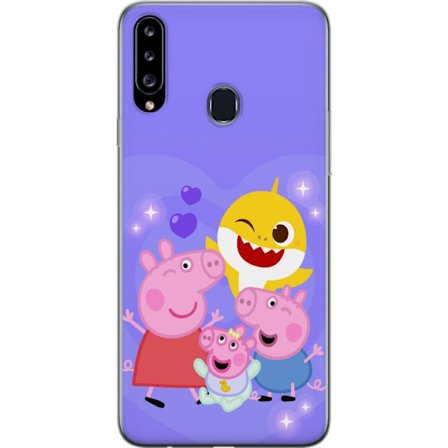 Kompatibel Mobilcover til Samsung Galaxy A20s Peppa Gris mønster med hjerter, sommerfugle og venner, lyserød baggrund i bløde børneillustrationer