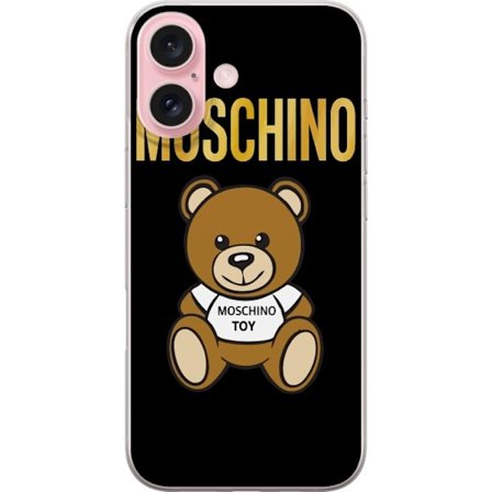 Kompatibelt Mobilskal till Apple Apple iPhone 16 Moschino-inspirerad nallebjörn med text på tröjan, centrerad mot svart bakgrund med tydlig mode- o