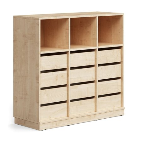 Student storage CASPER, 12 drawers, 3 upper compartments, base frame, birch