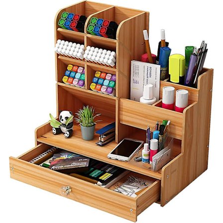 Træskrivebordsarrangør Diy Desktop Tidy Pen Holder Stor Kapacitet Stationery Opbevaringsboks Med Skuffe Til Hjem, Kontor Og Skole (b17 Kirsebærfarve)
