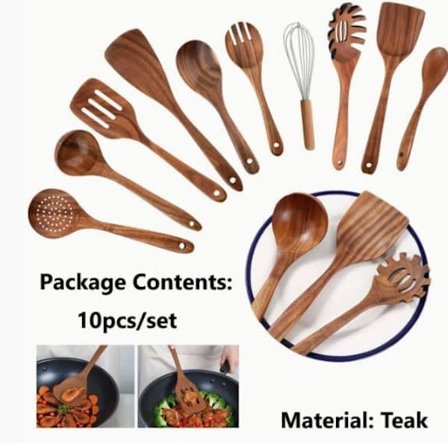 Træ Køkkenredskaber Sæt, 10-delt Madlavningsredskabssæt i Teaktræ, Non-stick & Ergonomisk Design_TF_TF