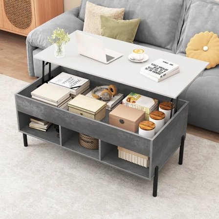 Hæve-sænkebord 100 x 50 CM COSTWAY, 3 Opbevaringskuber, Skjult Rum, Rektangulært Stuebord Belastning 70KG, Grå