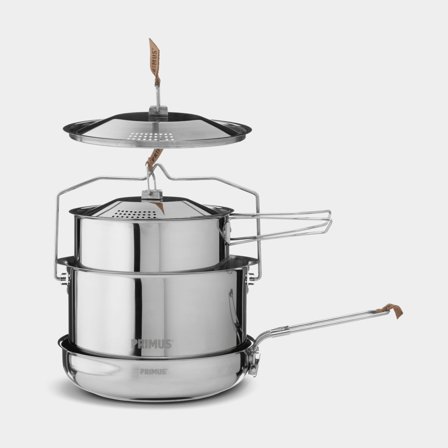 Kattilasetti Primus CampFire Cookset Stainless Steel Large, jossa 2 kattilaa (1.8 & 3 litraa) + 2 kantta integroidulla siivilällä + 1 paistinpannu (