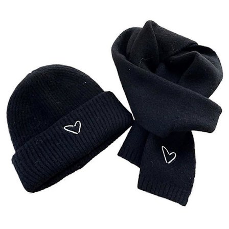 Ensfarget strikket lue og skjerf for barn med brodert kjærlighetshjerte, varmt for høst og vinter