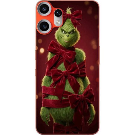 Yhteensopiva Puhelinkuori Nothing Nothing CMF Phone 2 Pro Grinchi-hahmo koristeltu punaisilla samettinauhoilla juhlavassa studiossa, leikkisällä ja