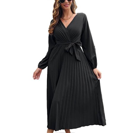 Damklänning Lykta Ärm Hög Midja Bälte Plisserad Omlott V-ringad Klänning för Vinter Höst Dam Tjejer