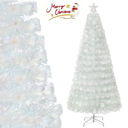 LED-valkoinen joulukuusi kuituoptisella 210 cm COSTWAY - Heijastavat lehdet lumihiutale - 48 moniväristä valoa - Tähtikoristus