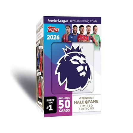 Topps - Schwarz Trading Cards - Premier League 2026 Super Tin Random Number Tin Box (50 Cards + 3 Limited Edition) @ Hatstore