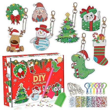Joulu Blind Box Set 8kpl DIY Timanttimaalaus Avaimenperä Ripus Avaimenperä Timantti Kirjonta Avaimenperä Lapsille C