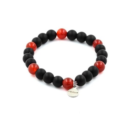 Stenar och mineraler. Mattsvart Onyx + Carnelian Beads Armband från Uruguay 8 mm. Tillverkad i Frankrike.