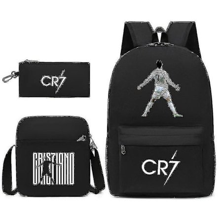 Fodboldstjerne C Ronaldo CR7 trykt rygsæk omkring den studerende tredelt rygsæk.