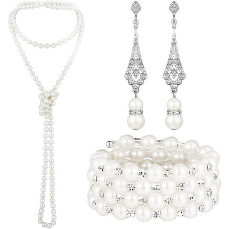 Sæt med 1920'er-perlehalskæde, dinglende rhinsten-perleøreringe og 20'er-perlearmbånd i flere lag
