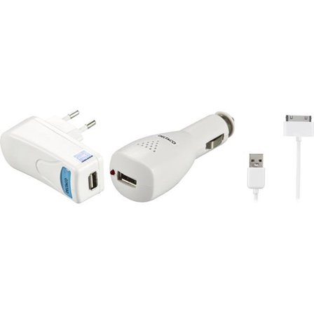Deltaco IPNE-KIT3 - Batterilader + AC-strømadapter + bilstrømadapter - 1 A (USB) - hvit - for Apple iPad/iPhone/iPod