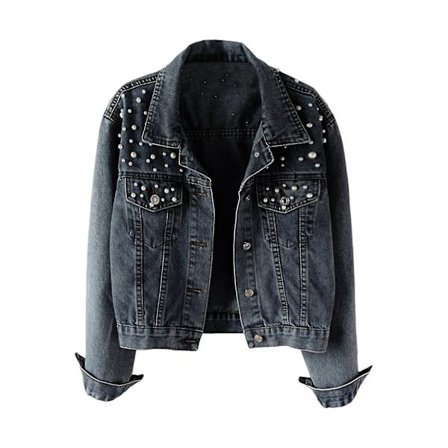 Dam Denimjacka Enfärgad Enkelknäppt Kort Ventilerande Varmhållande Pärldekor Långärmad Kofta Imitationspärla Höstkappa