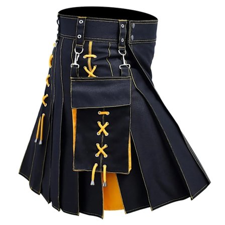 Herr Kilt Utility Scottish Traditional Highland Solid Plisserade Spänne Spänne Kostym Kilts med lastfickor Gul