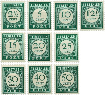 Nederland - Port cijfer en waarde in donkergroen (nr. P34-P43, ongebruikt)