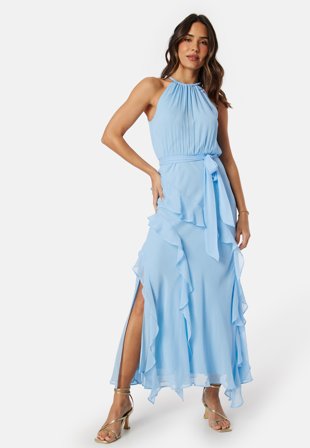 FOREVER NEW Bridie Halter Neck Ruffle Maxi Dress Clear Day Klær