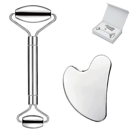 Gua Sha-set i rostfritt stål och ansiktsmassagerulle för massage av ansikte, ögon och nacke, praktiska ansiktsmassageverktyg för kroppsvård