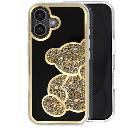 Teddy Bear Case för iPhone 16 Silikon Rhinestone Mönster Shiny Gold Contour